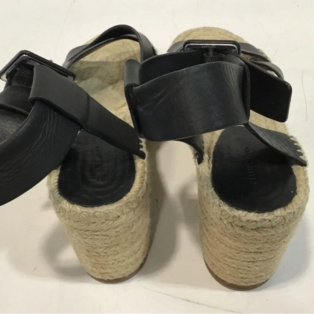 Women’s Chloe Isla Black Leather Platform Espadrille Sandals Size 38